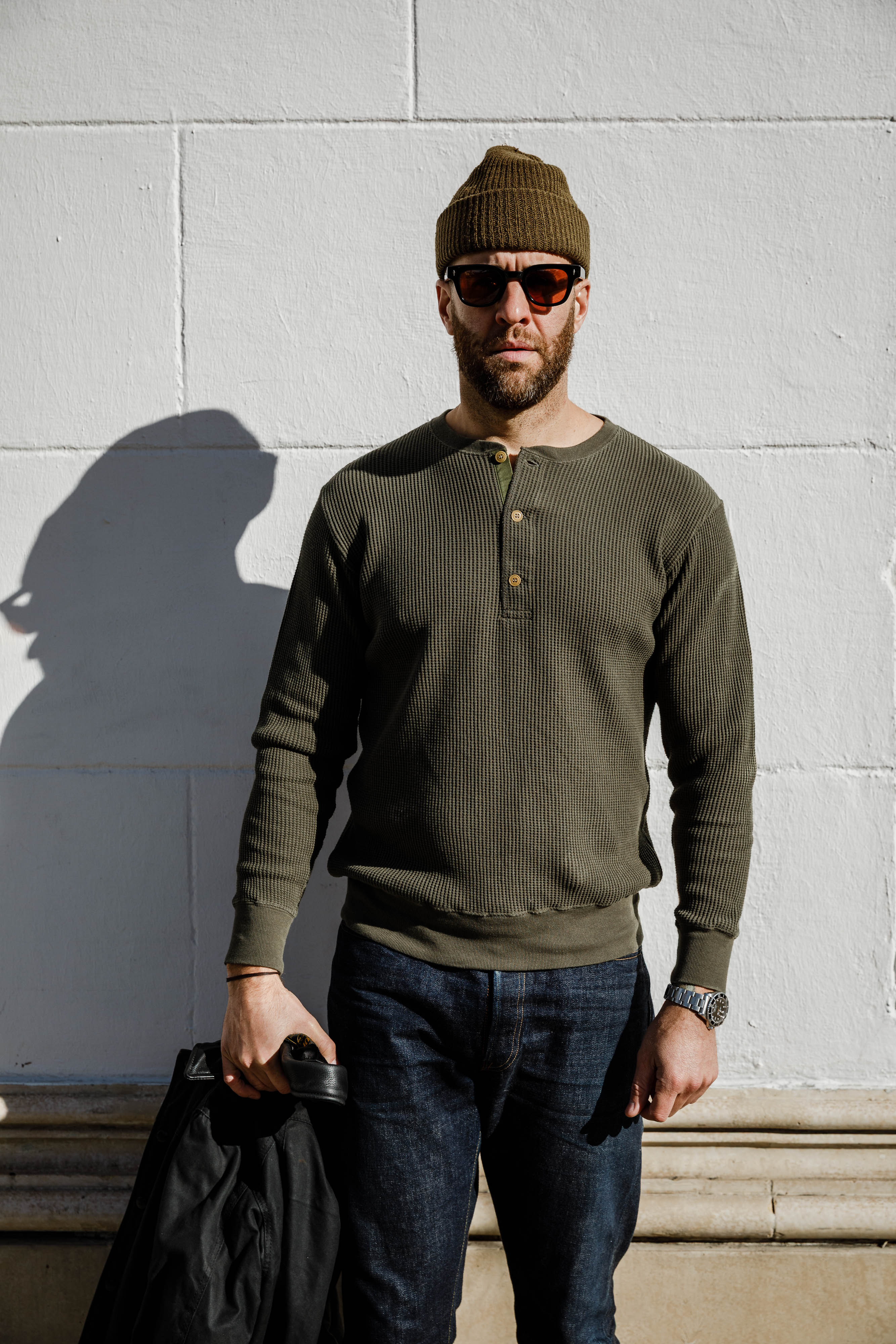 Addict Clothes - Heavy Weight Waffle Henley - Army Green - Image 4