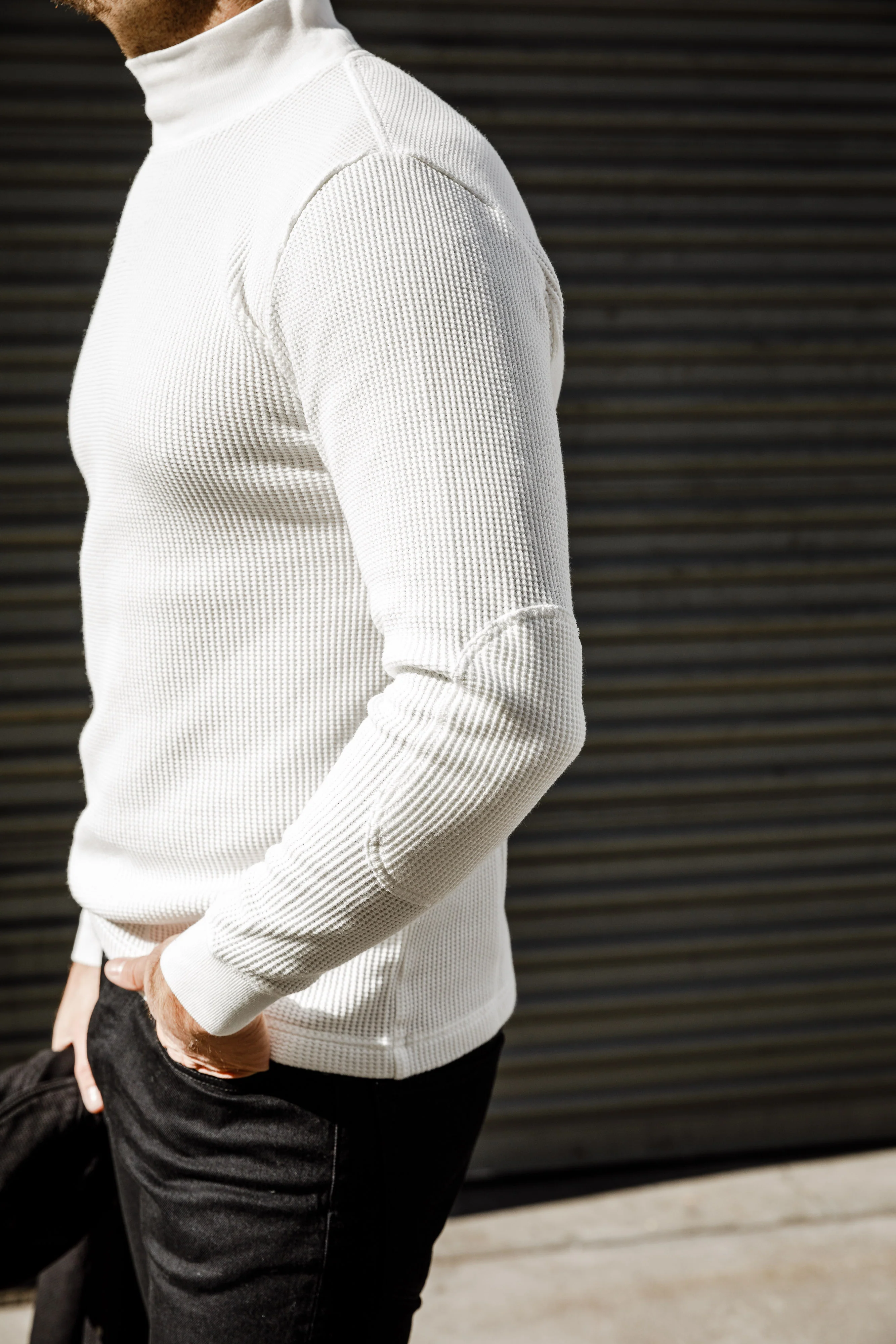 Addict Clothes - Heavy Weight Waffle Moc Neck Crew - Off White - Image 4