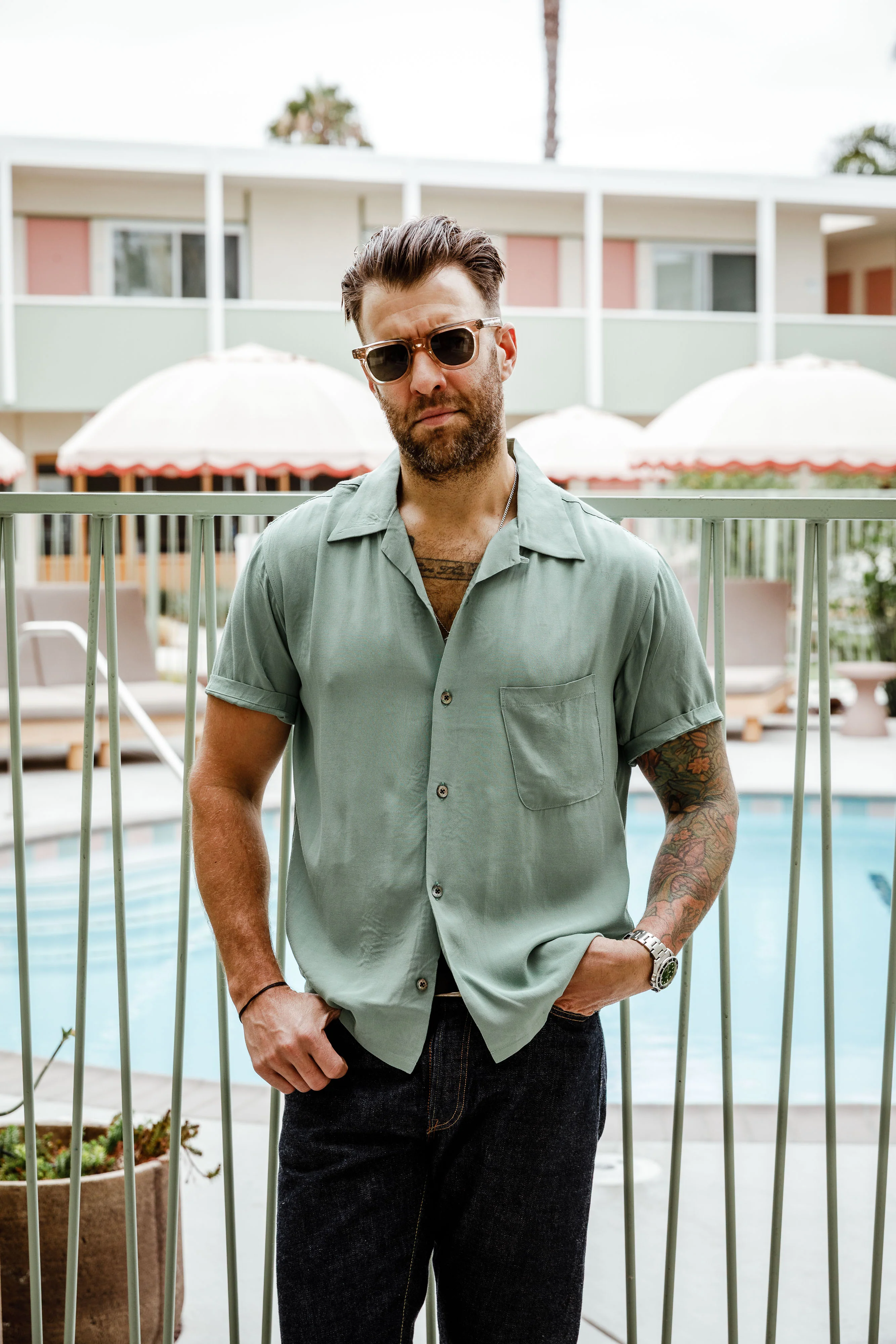ADDICT Clothes - Open Collar Slant Pocket Shirt - Sea Foam Green - Image 2