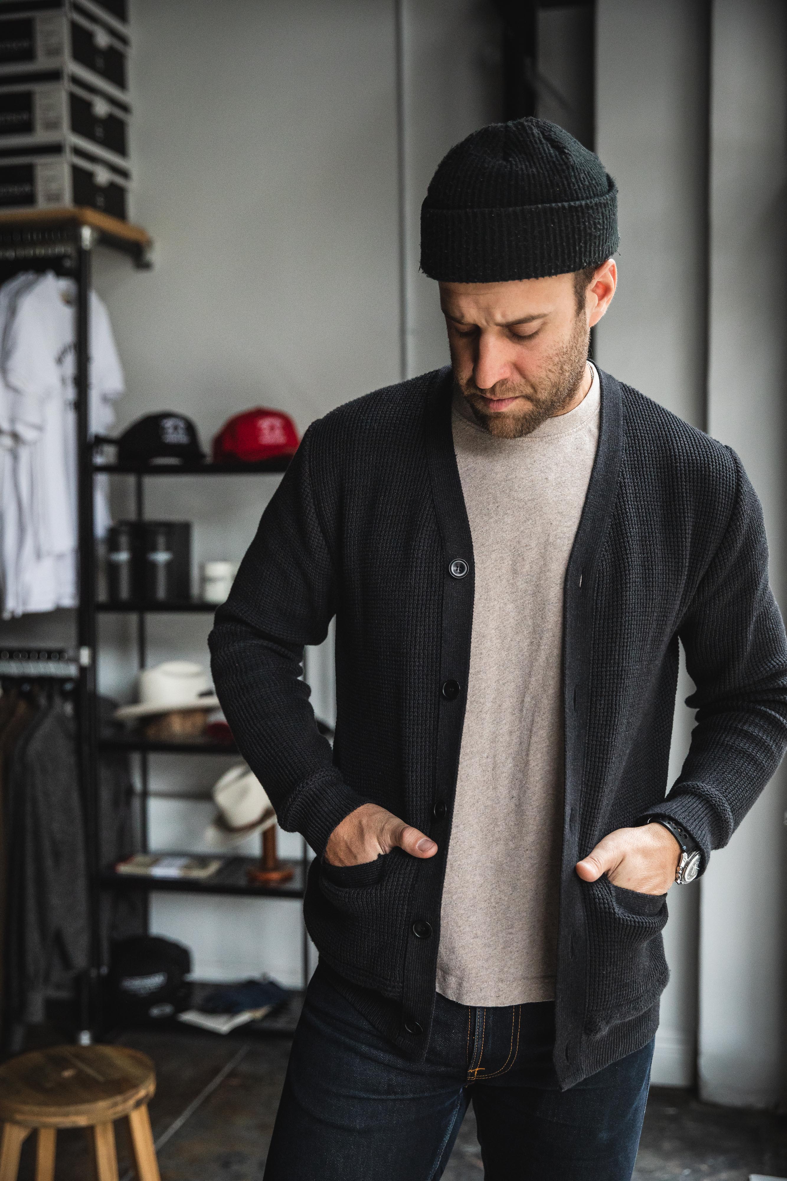 Addict Clothes - Waffle Knit Cotton Cardigan - Black - Image 7