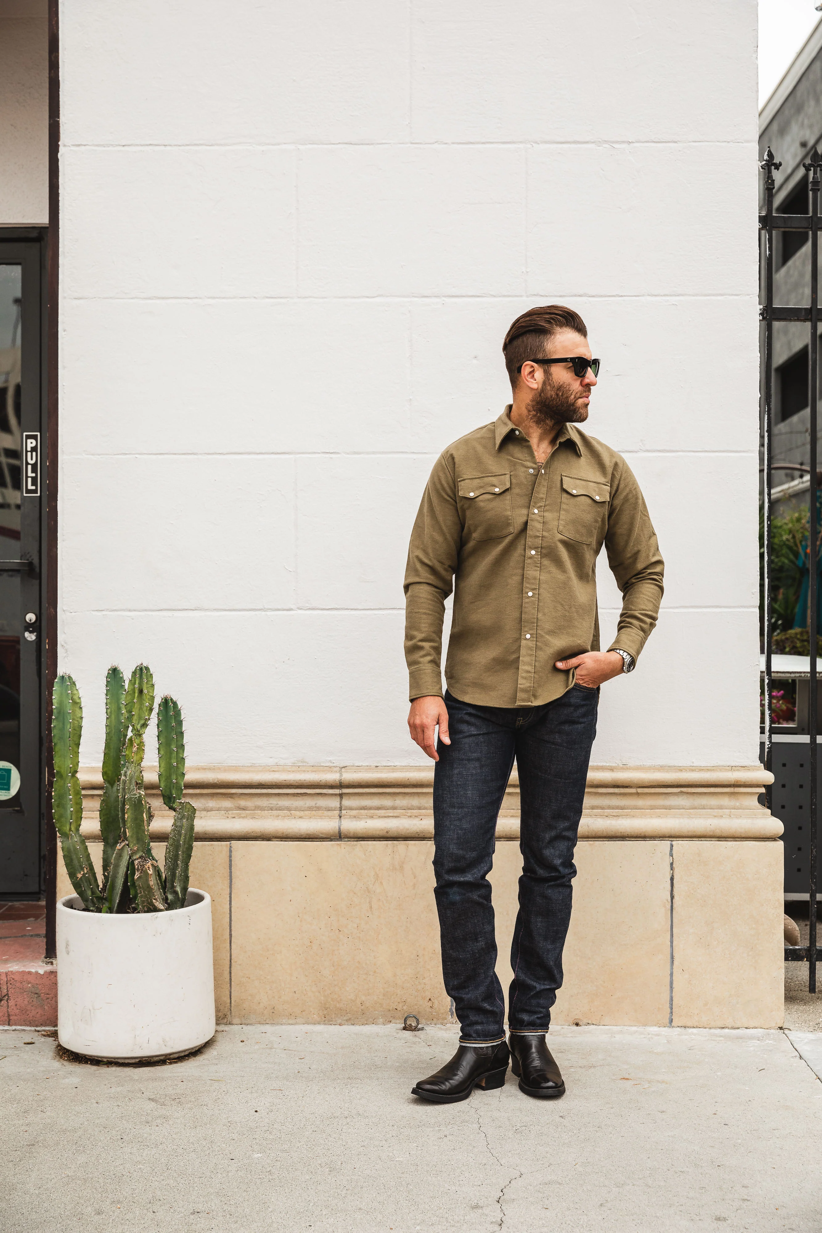 Wythe - Pearl Snap Moleskin Shirt - Olive - Image 3