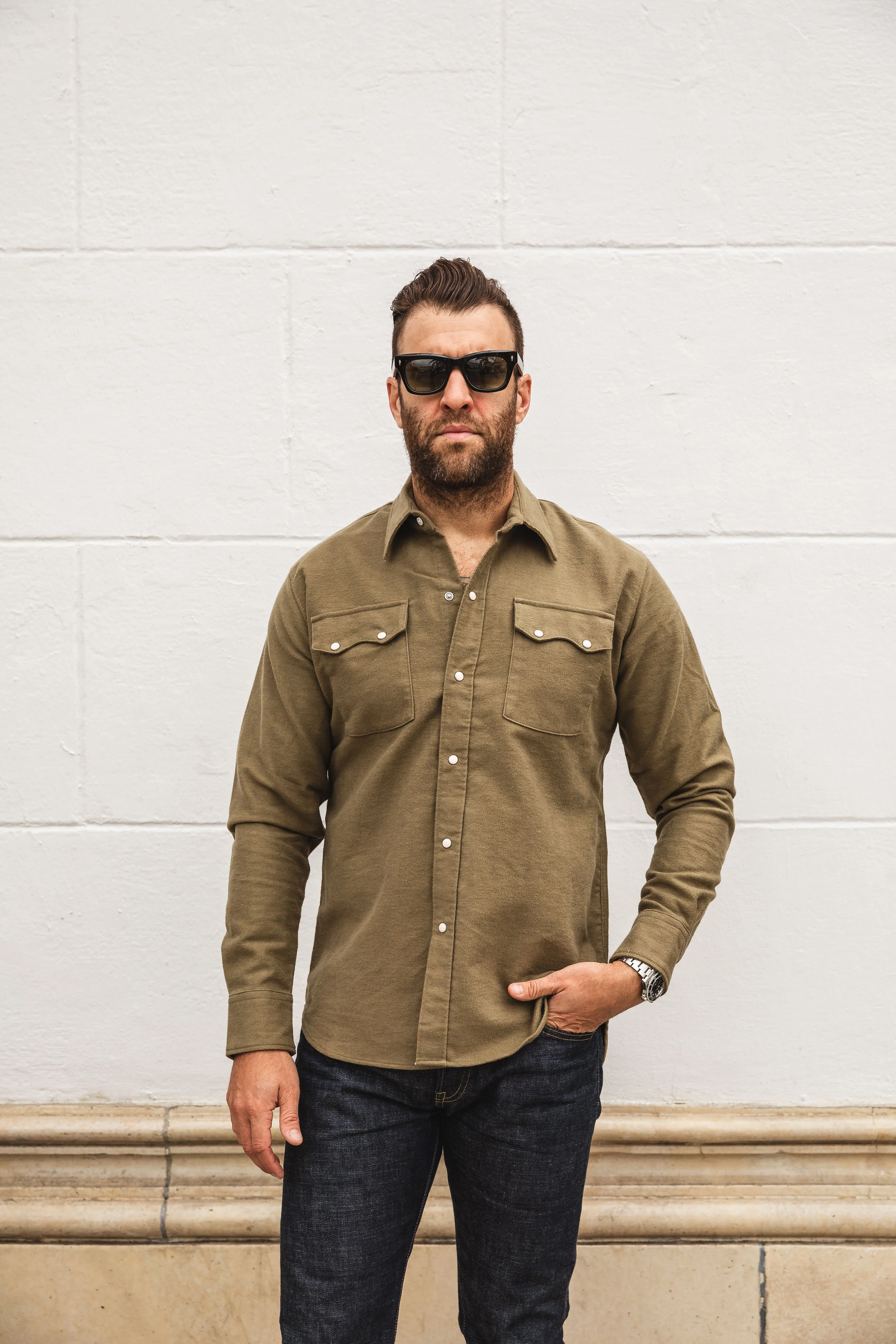 Wythe - Pearl Snap Moleskin Shirt - Olive - Image 5