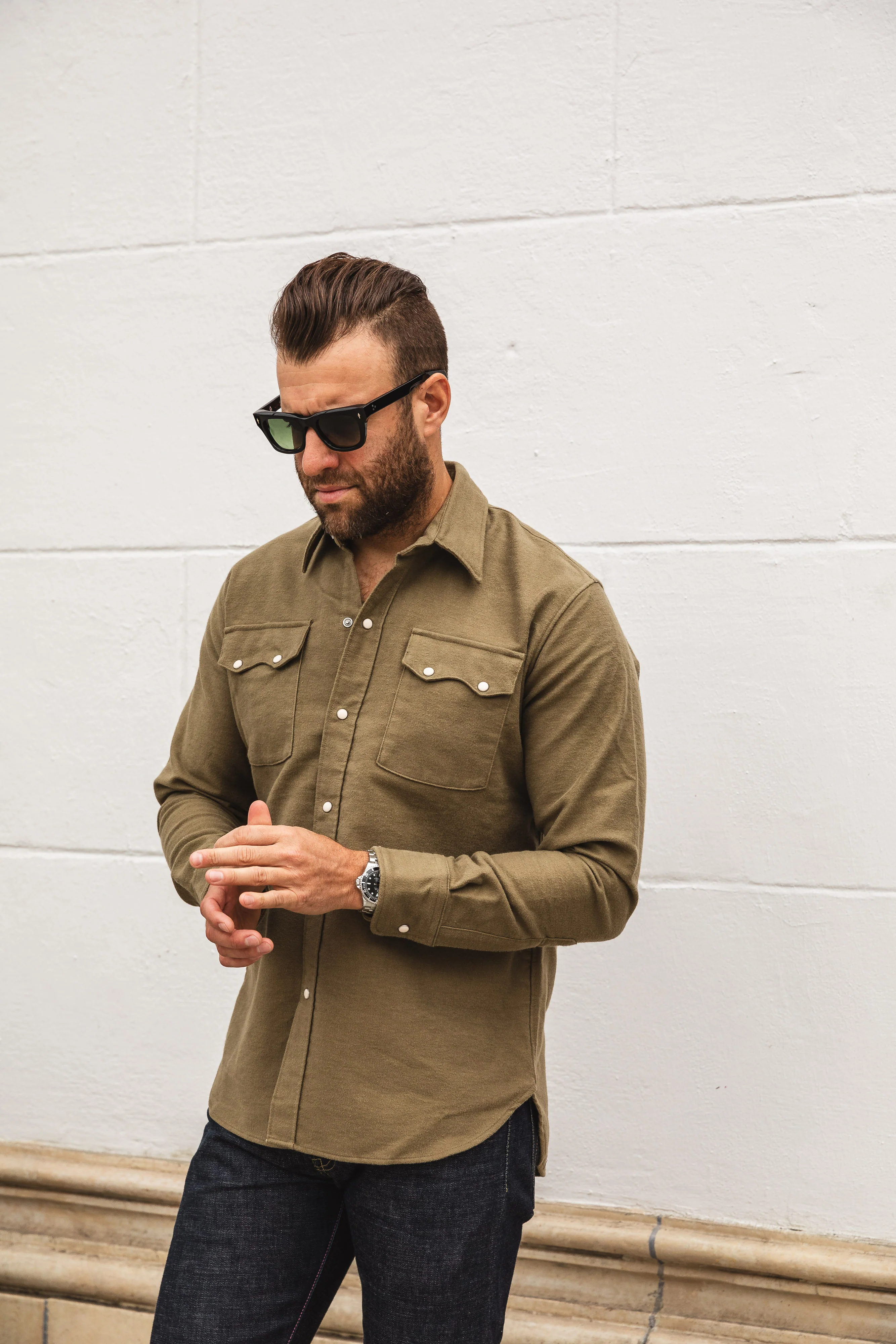 Wythe - Pearl Snap Moleskin Shirt - Olive - Image 7